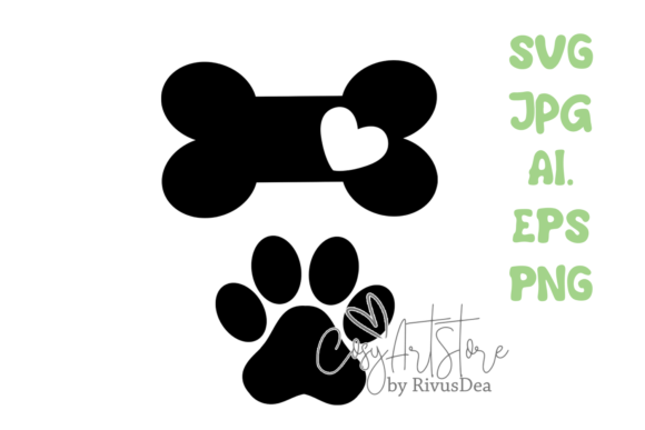 Dog Paw and Bone with Heart. SVG PNG JPG